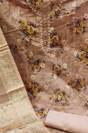 floral printed zari organza unstitched dress material
