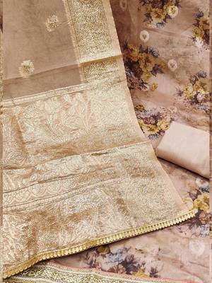 floral printed zari organza unstitched dress material 5