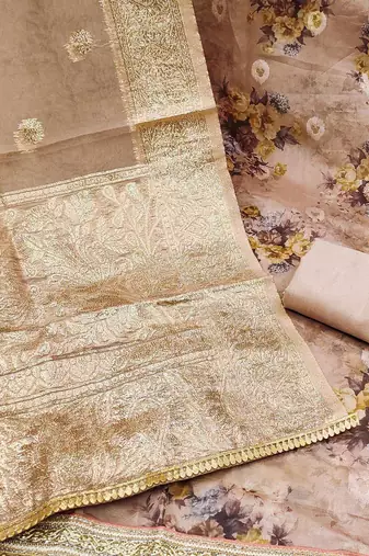 floral printed zari organza unstitched dress material