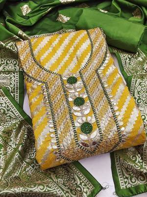 yellow banarasi jacquard with gota patti work unstitched dress material 1