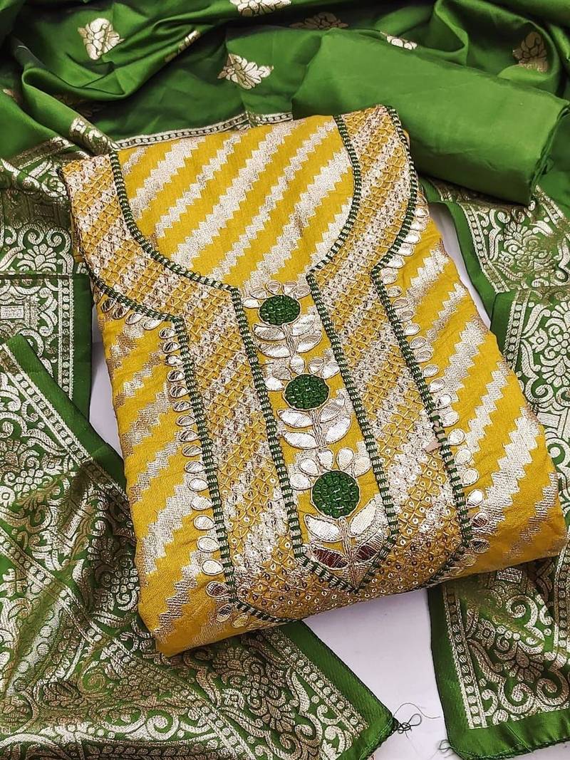 yellow banarasi jacquard with gota patti work unstitched dress material