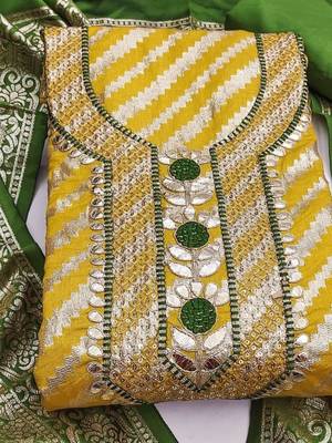 yellow banarasi jacquard with gota patti work unstitched dress material 2