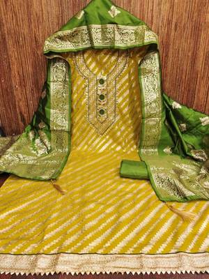 yellow banarasi jacquard with gota patti work unstitched dress material 3