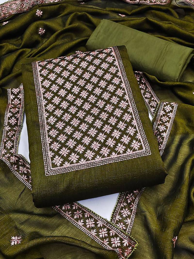 ethnic motifd embroidered zari unstitched dress material