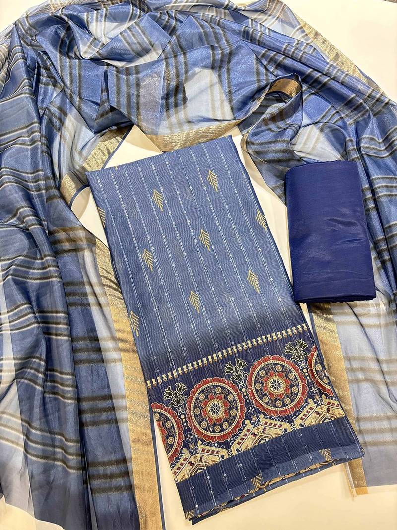 floral digital printed sequined chanderi cotton unstitched dress material