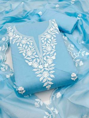 floral embroidered thread work chanderi cotton unstitched dress material 1