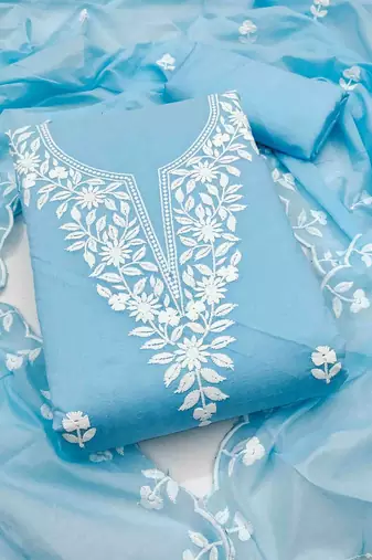 floral embroidered thread work chanderi cotton unstitched dress material