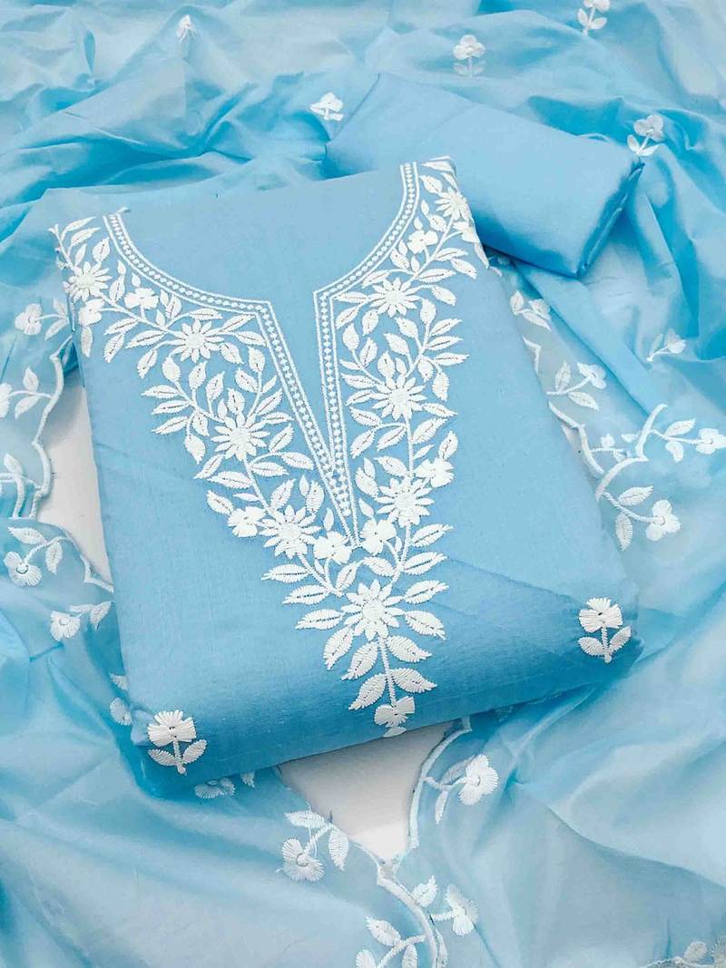 floral embroidered thread work chanderi cotton unstitched dress material