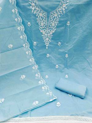 floral embroidered thread work chanderi cotton unstitched dress material 3