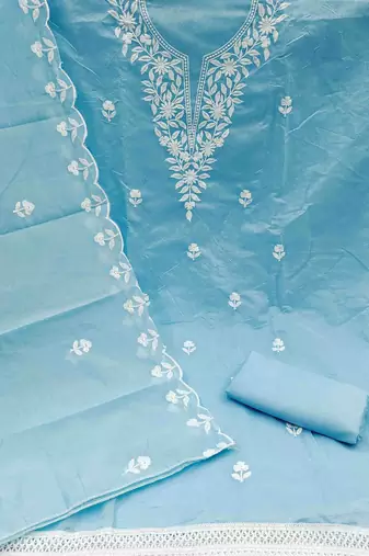 floral embroidered thread work chanderi cotton unstitched dress material