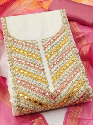 women pink & white embroidered & tassels cotton unstitched dress material 1
