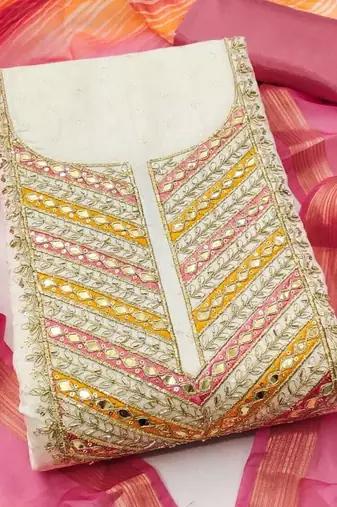 women pink & white embroidered & tassels cotton unstitched dress material