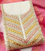 women pink & white embroidered & tassels cotton unstitched dress material