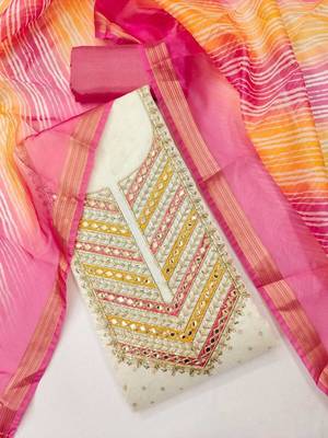 women pink & white embroidered & tassels cotton unstitched dress material 2