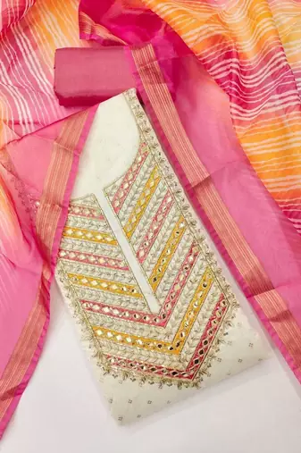 women pink & white embroidered & tassels cotton unstitched dress material