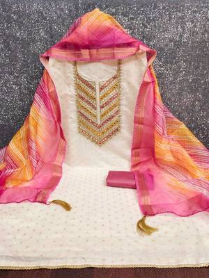 women pink & white embroidered & tassels cotton unstitched dress material 3
