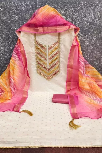 women pink & white embroidered & tassels cotton unstitched dress material