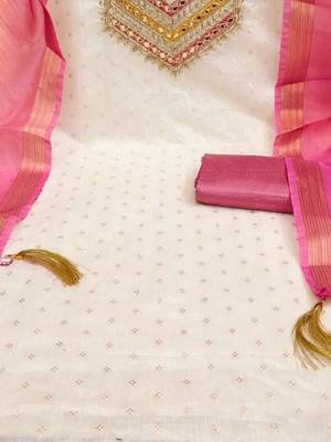 women pink & white embroidered & tassels cotton unstitched dress material 4