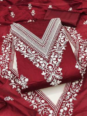 women maroon chanderi cotton embroidered unstitched dress material with dupatta 1
