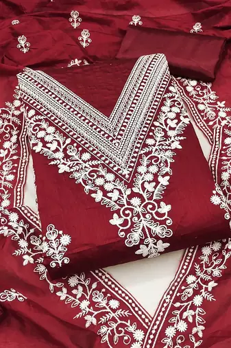 women maroon chanderi cotton embroidered unstitched dress material with dupatta