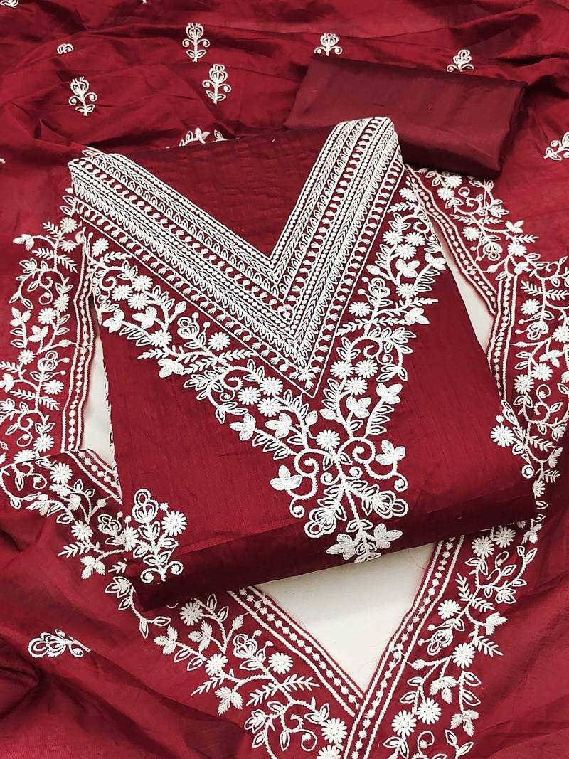 women maroon chanderi cotton embroidered unstitched dress material with dupatta