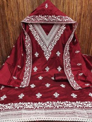 women maroon chanderi cotton embroidered unstitched dress material with dupatta 2