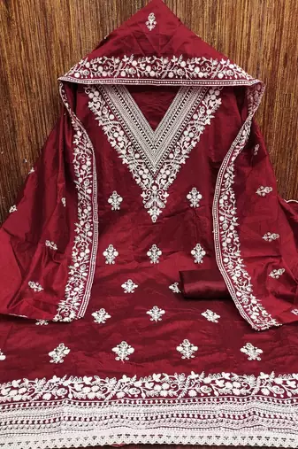 women maroon chanderi cotton embroidered unstitched dress material with dupatta