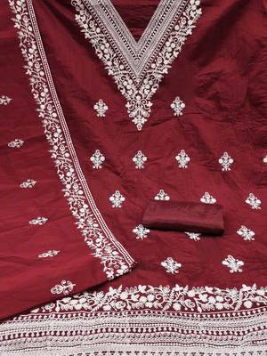 women maroon chanderi cotton embroidered unstitched dress material with dupatta 3