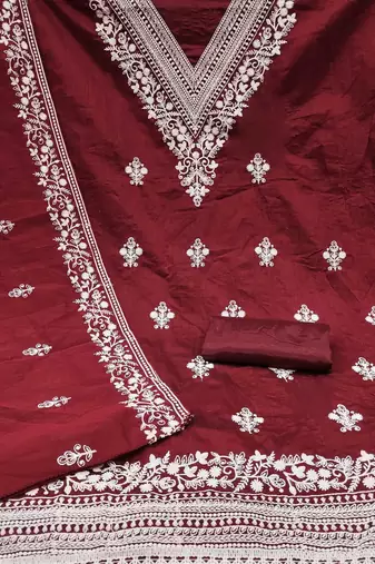 women maroon chanderi cotton embroidered unstitched dress material with dupatta
