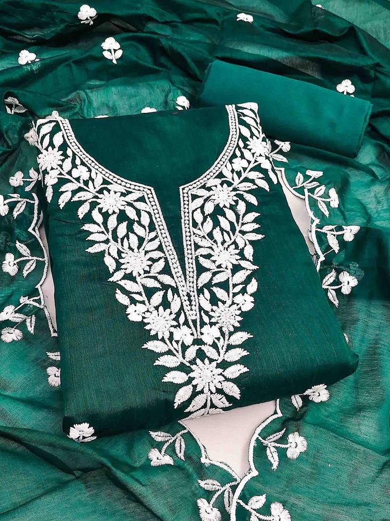 floral embroidered thread work chanderi cotton unstitched dress material