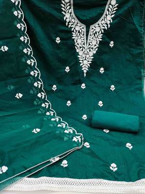 floral embroidered thread work chanderi cotton unstitched dress material 2