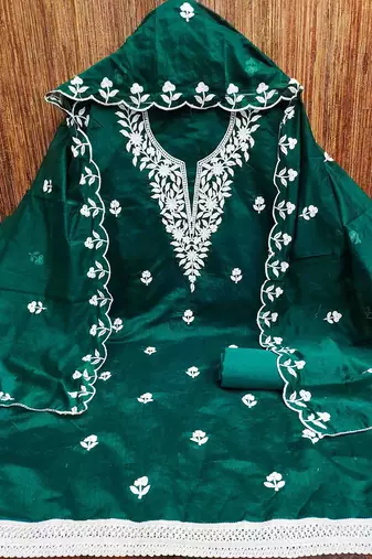 floral embroidered thread work chanderi cotton unstitched dress material