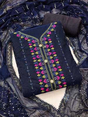 women blue & pink embroidered unstitched dress material 1