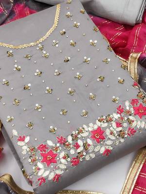 grey & red unstitched dress material 5