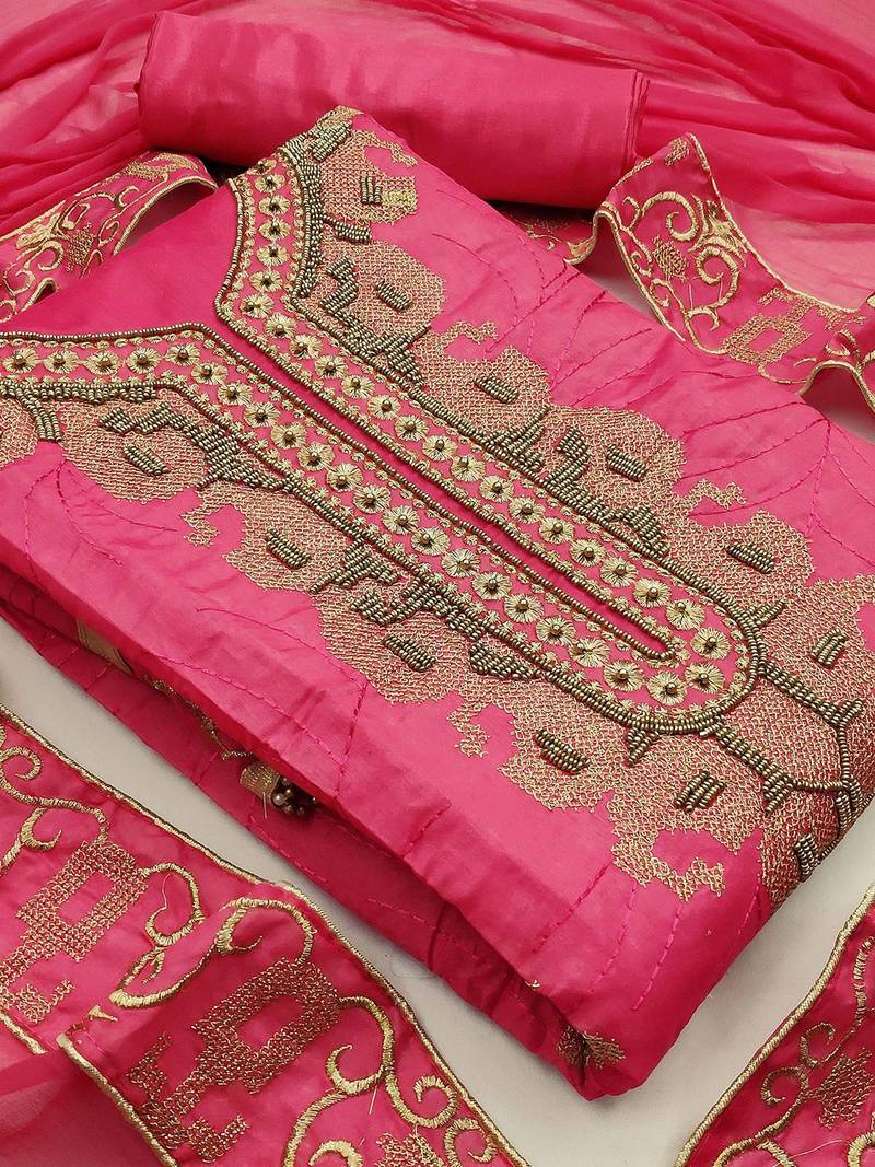 pink & gold-toned embroidered unstitched dress material