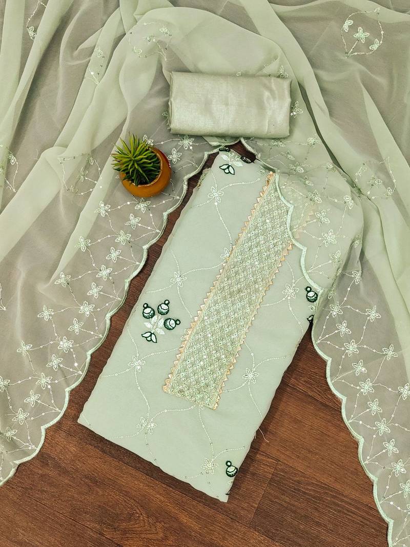 floral embroidered sequinned silk georgette unstitched dress material