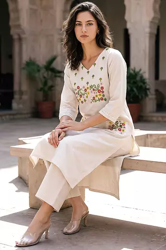 Women’s Khadi Cotton Thred Embroidered Straight Kurta Pant Set