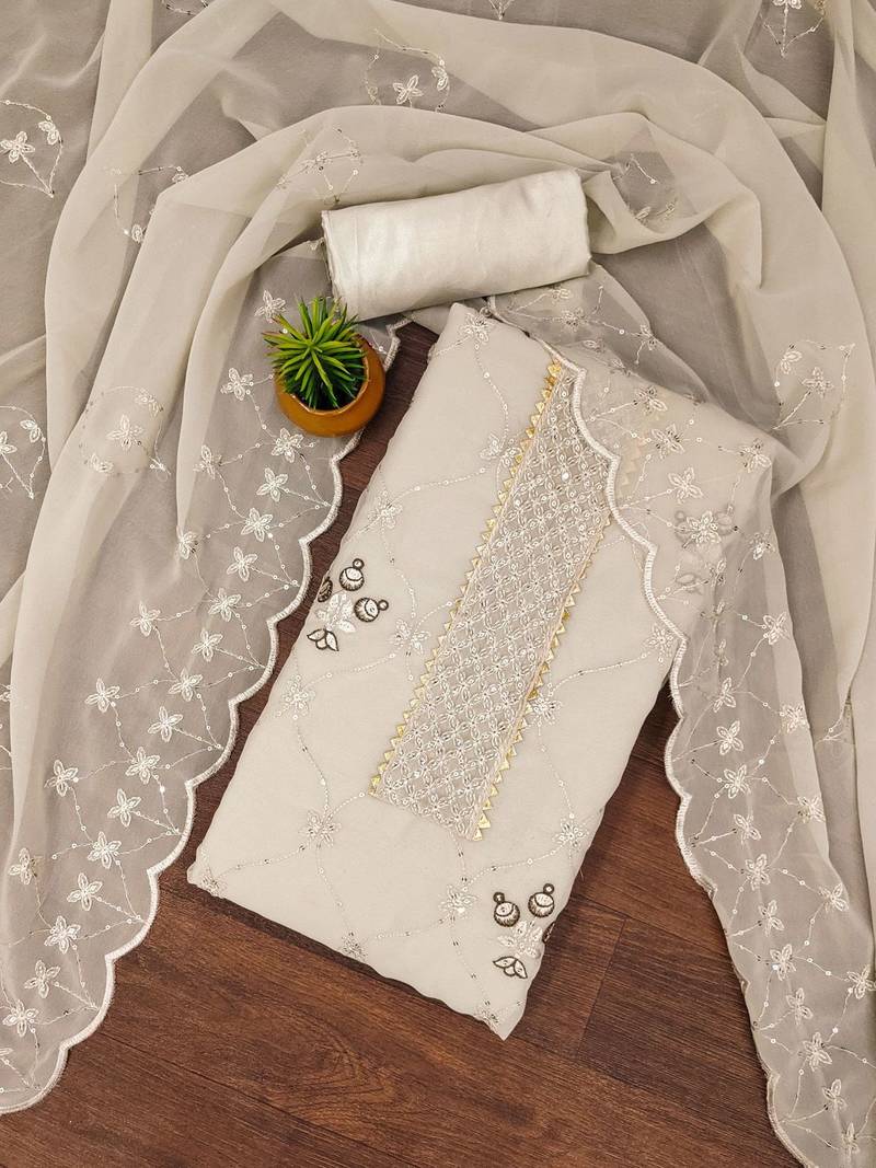 floral embroidered sequinned silk georgette unstitched dress material