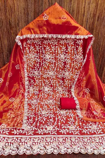 ethnic motifs embroidered organza unstitched dress material