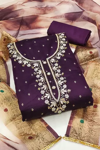 ethnic motifs embroidered zari unstitched dress material
