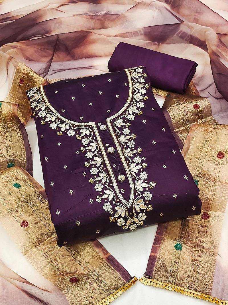 ethnic motifs embroidered zari unstitched dress material