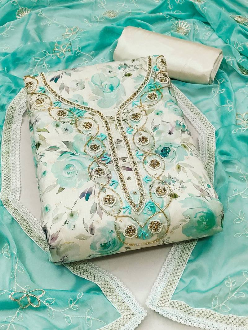 floral printed beads and stones unstitched dress material