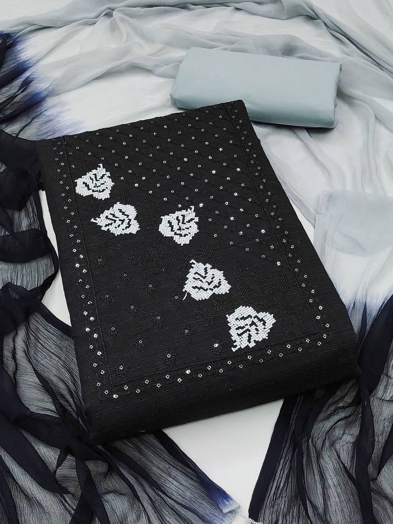 floral embroidered sequinned cotton unstitched dress material
