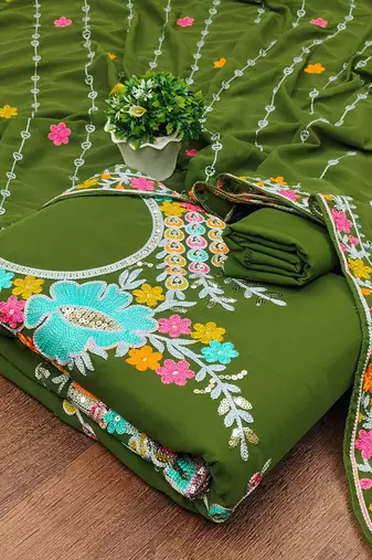 ethnic motifs embroidered silk georgette sequinned unstitched dress material