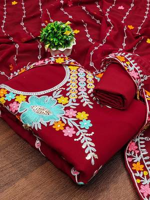 ethnic motifs embroidered silk georgette unstitched dress material 3