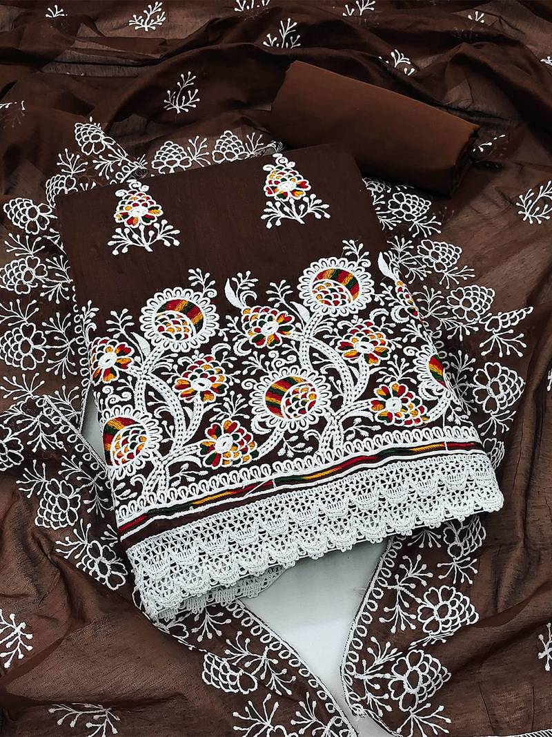 floral embroidered chanderi cotton unstitched dress material