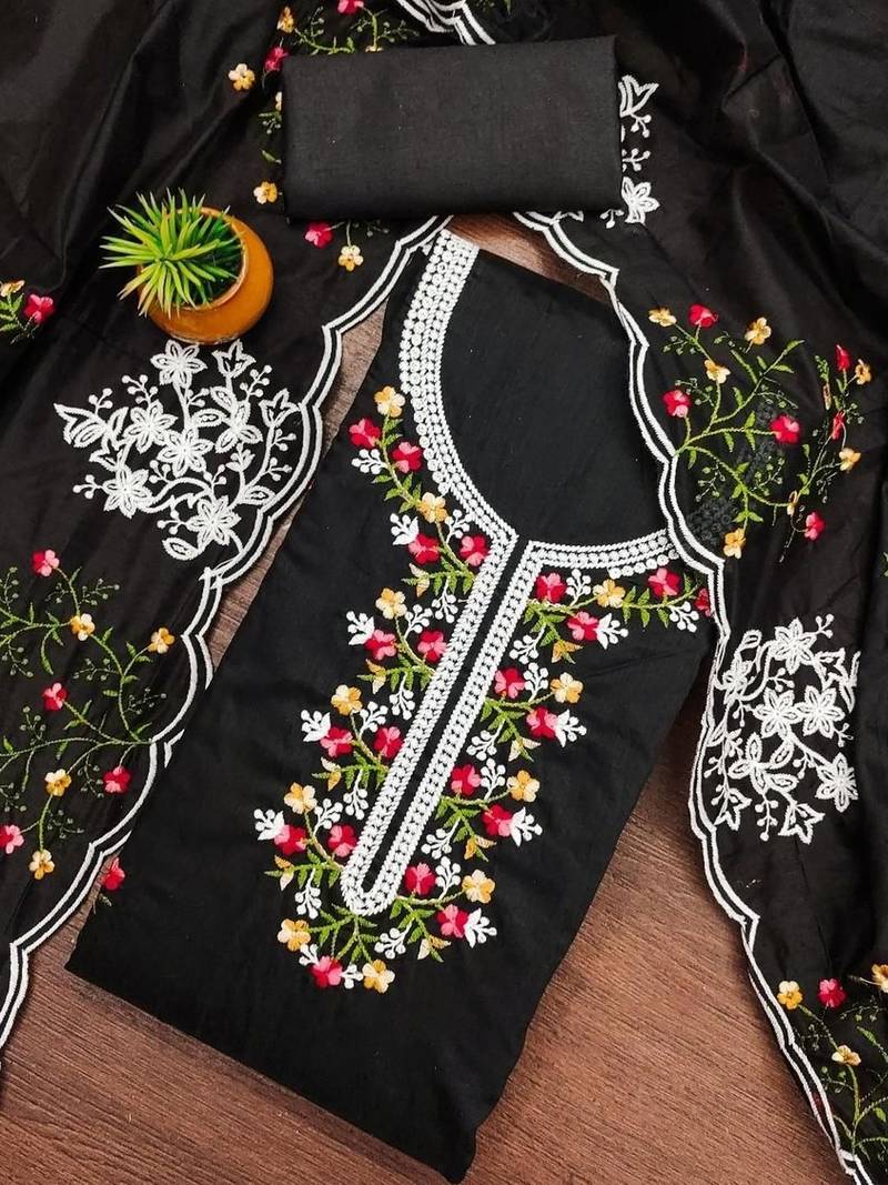 women's chandrei cotton floral embroidered unstitched dress material with dupatta