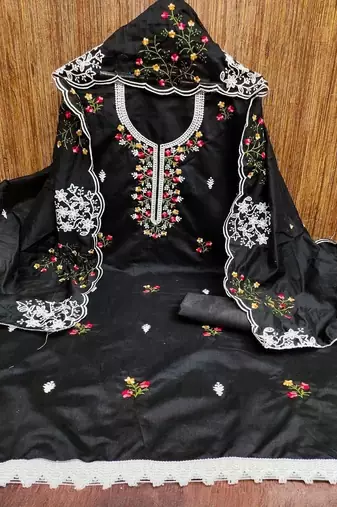 women's chandrei cotton floral embroidered unstitched dress material with dupatta