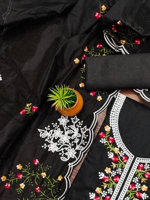 women's chandrei cotton floral embroidered unstitched dress material with dupatta 5
