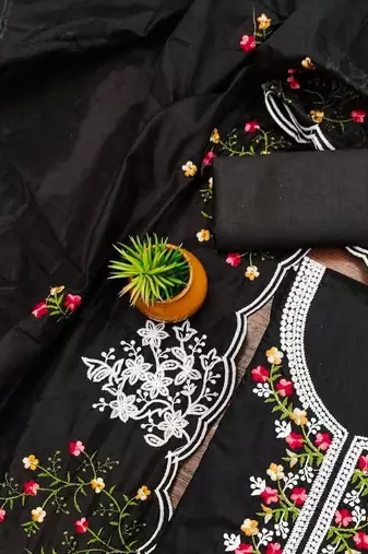 women's chandrei cotton floral embroidered unstitched dress material with dupatta